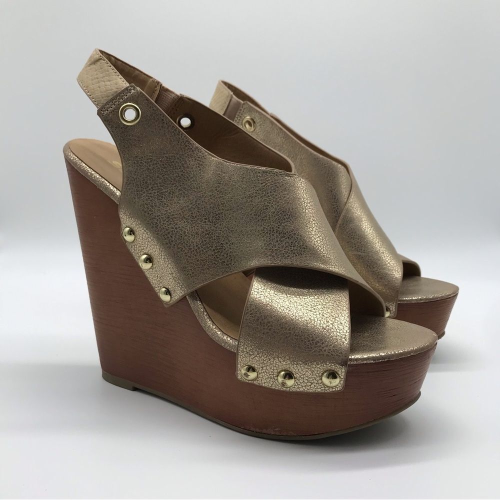 Soda Shoes Slingback Criss Cross Gold Wedge High Heels Wood Shoes Sz 7 Open Toe